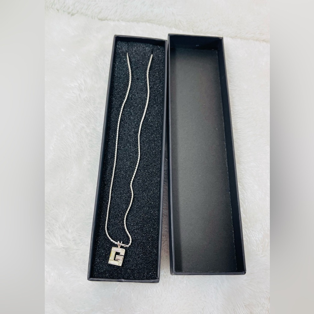 Givenchy Authentic Vintage Crystal Baguette G-Logo Pendant Necklace Silver